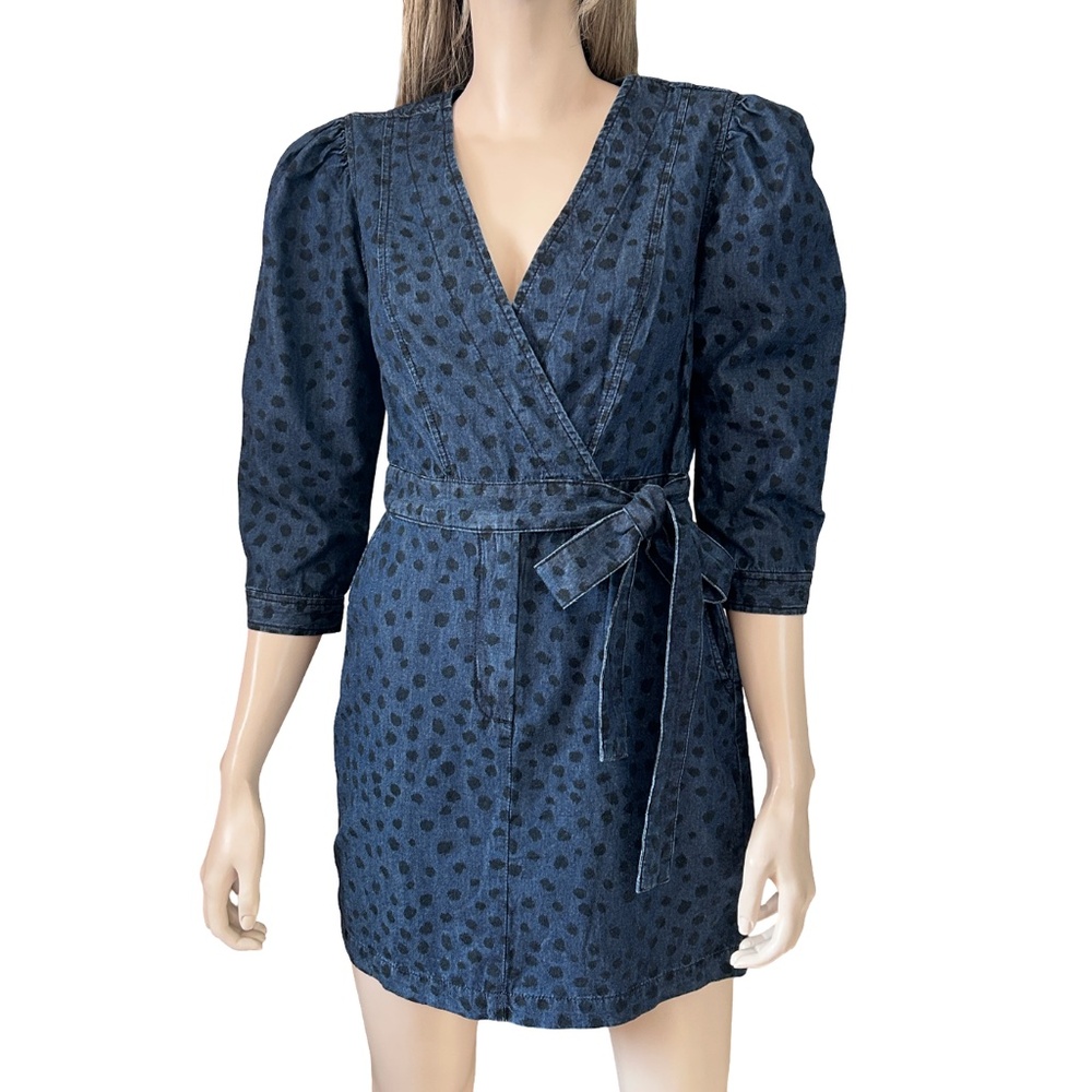 La Vie Rebecca Taylor Faune Denim Faux Wrap Dress Animal Inspired Polka-Dots